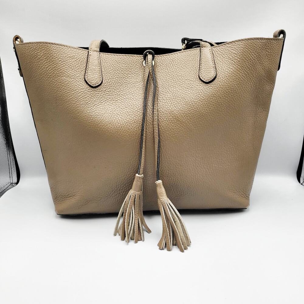 Taupe Gray Genuine Pebbled Leather Shopper Tote Bag Tassels Straps Made in Italy